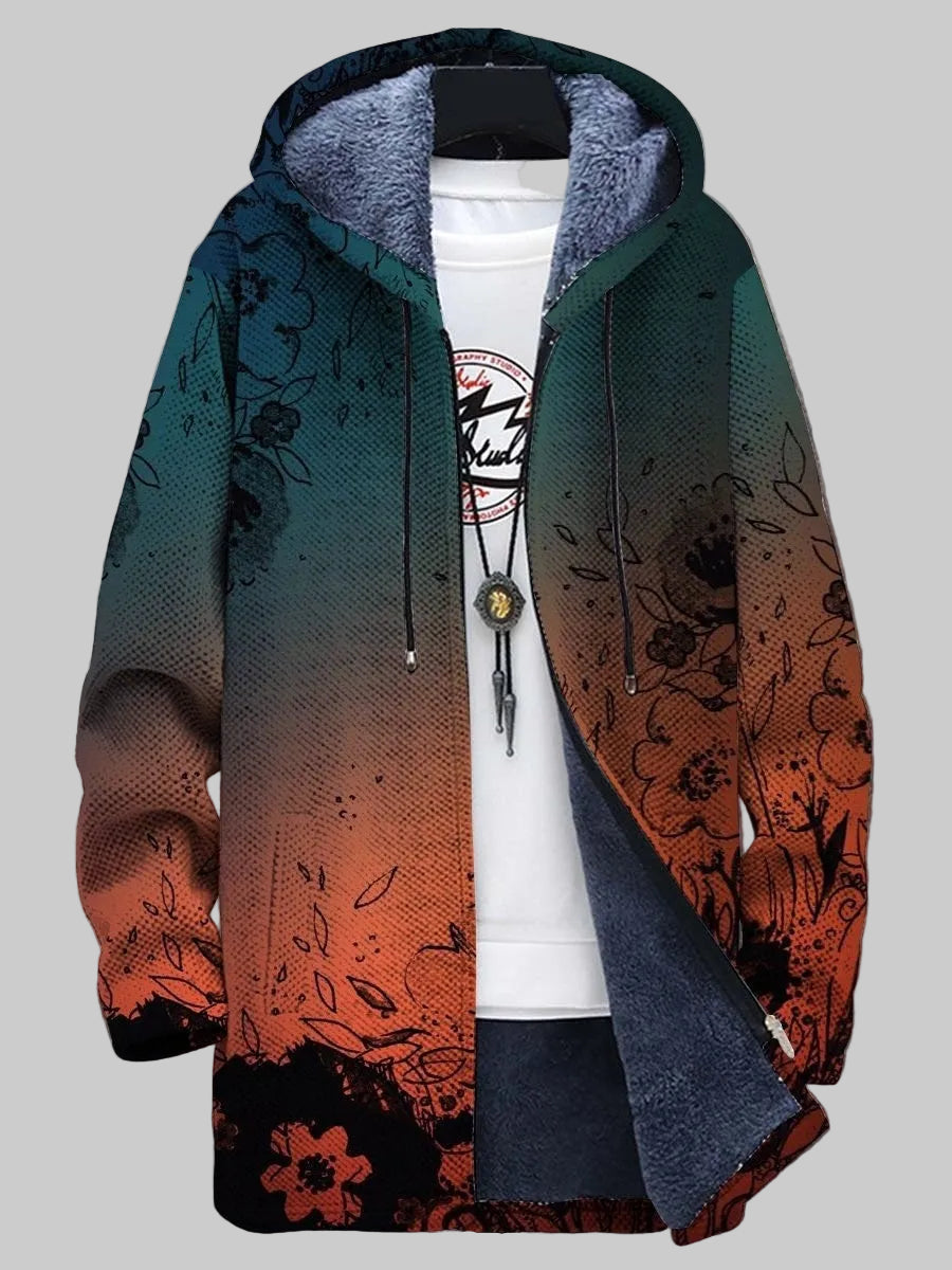 Veste à capuche graphique vert et orange, imprimée, fermeture zippée, manches longues