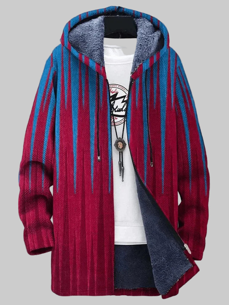 Veste à capuche rayée rouge et bleue, doublure grise, fermeture à glissière