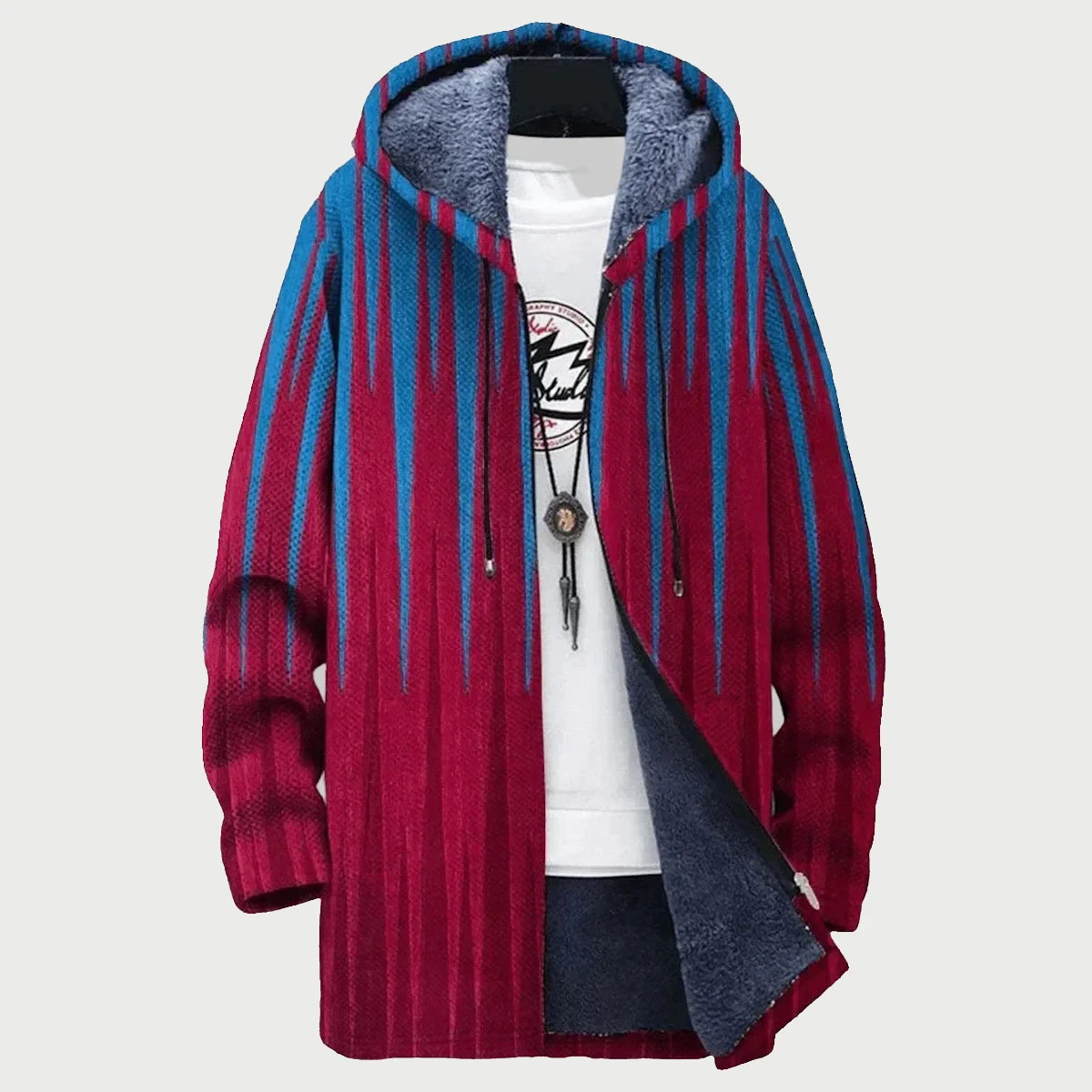 Veste à capuche rouge et bleue à motifs abstraits, fermeture zippée, poches