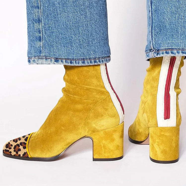 Bottes à talons en daim jaune, bout léopard et lien rouge-blanc