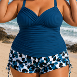 INÈS | PLUS SIZE RIBBED TANKINI WITH PRINT SHORTS