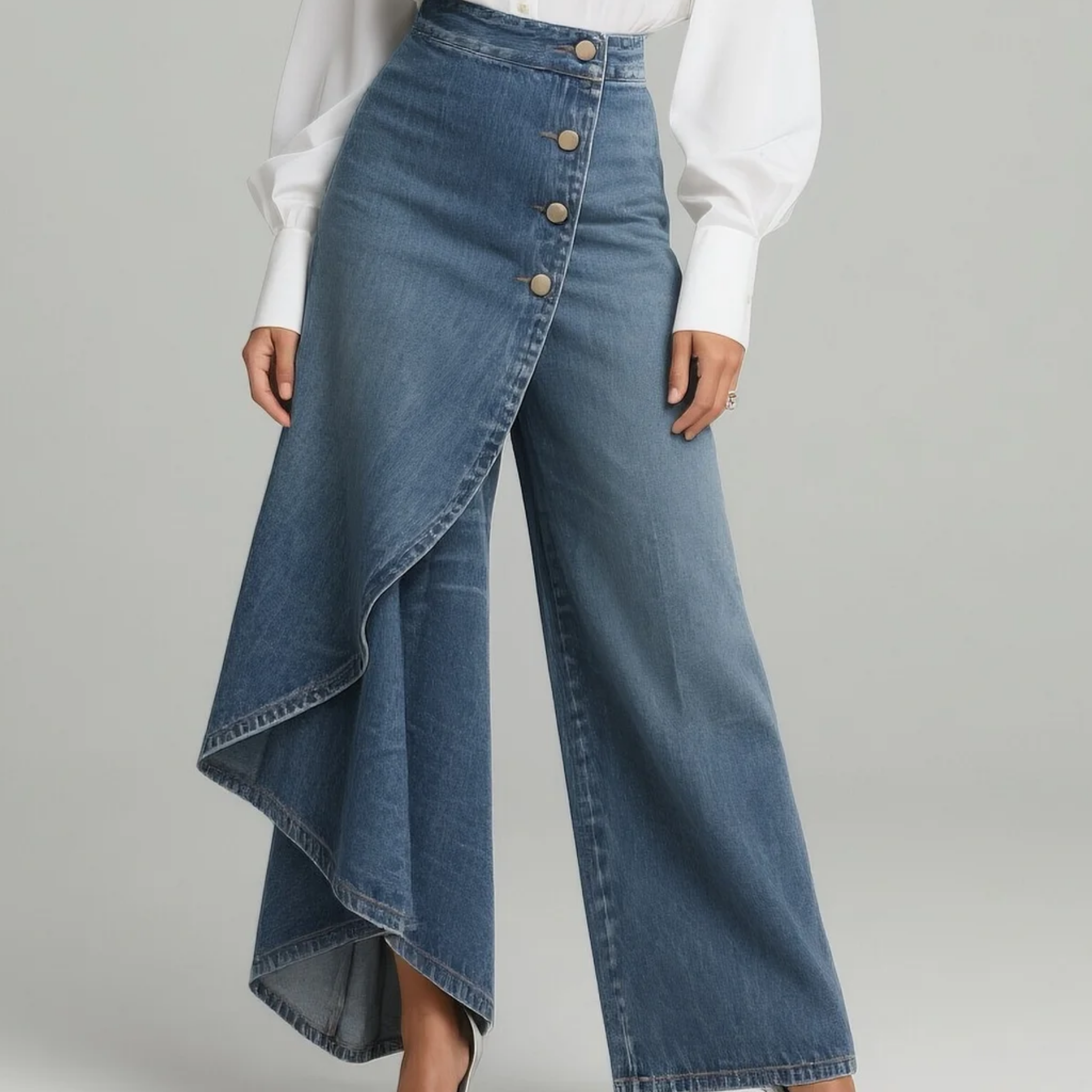 Pantalon denim bleu à patte boutonnée, pan drapé sur la jambe et ourlet fendu