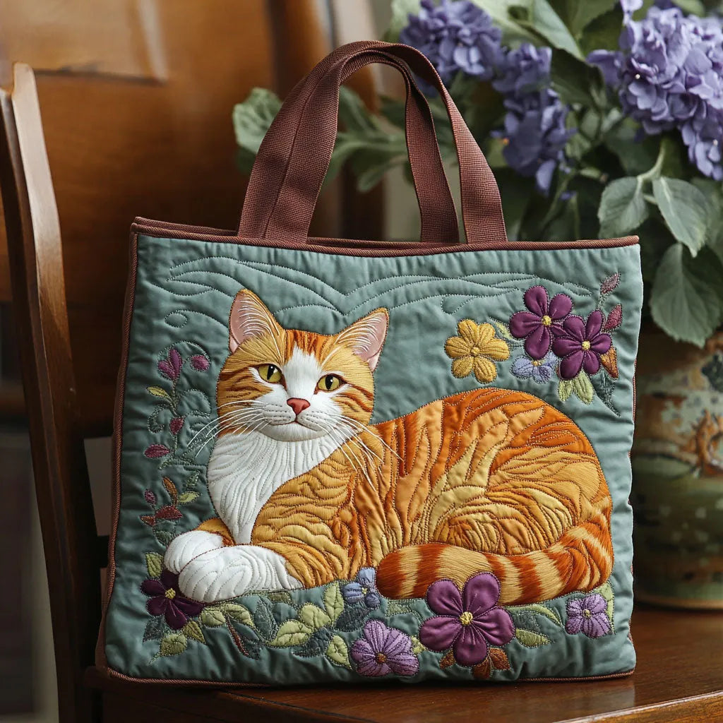 Sac artisanal matelassé avec appliqué chat roux et fleurs, anses en tissu brun