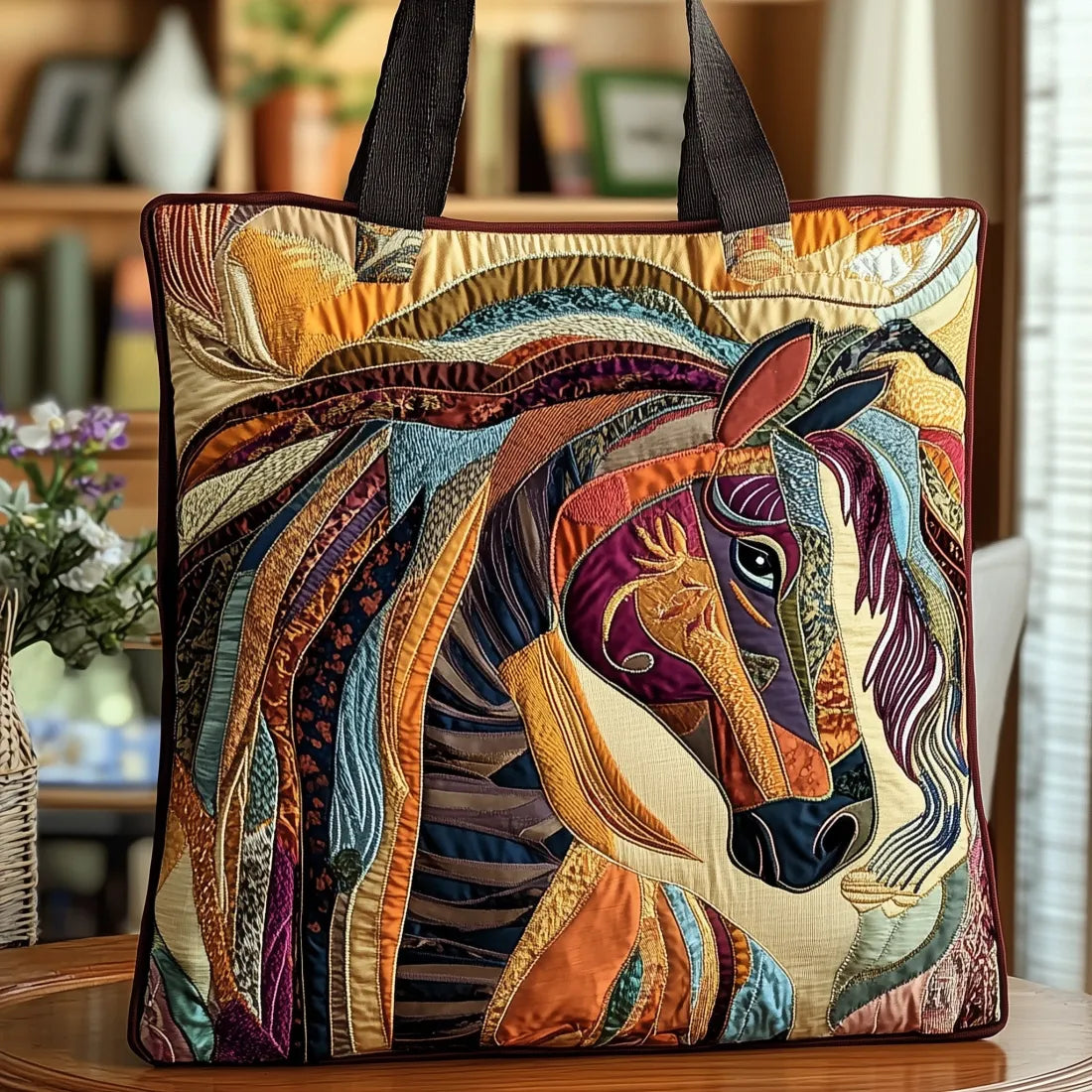 Sac cabas artisanal motif cheval en mosaïque multicolore, poignées noires.