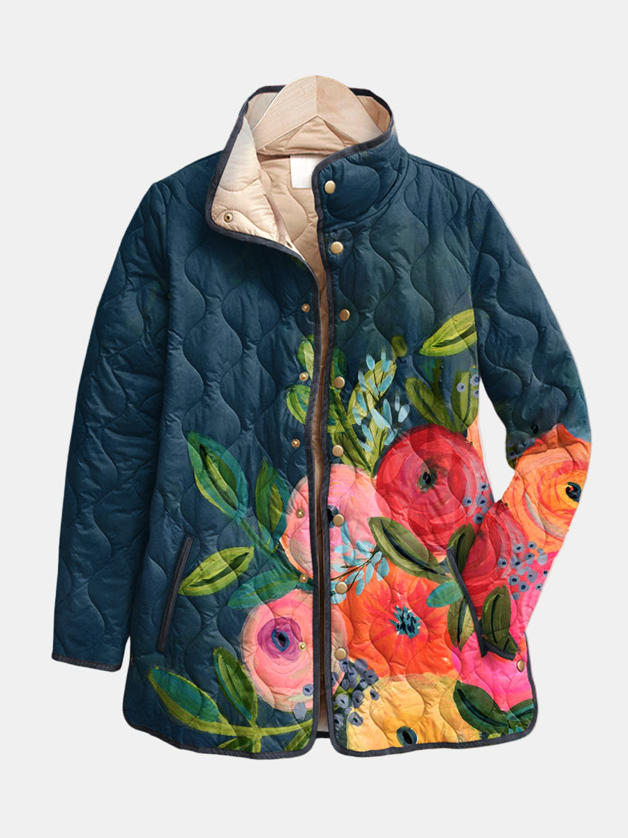 Veste matelassée bleu foncé à imprimé floral multicolore, boutonnée, col beige
