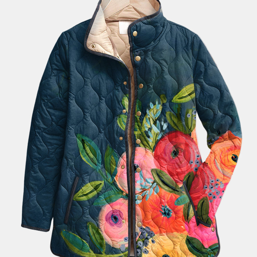 Veste matelassée bleu foncé à imprimé floral multicolore, boutonnée, col beige
