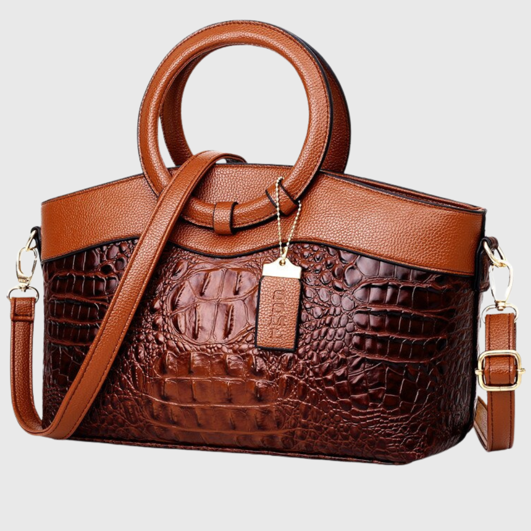 Sac à main effet croco marron, anses et bandoulière