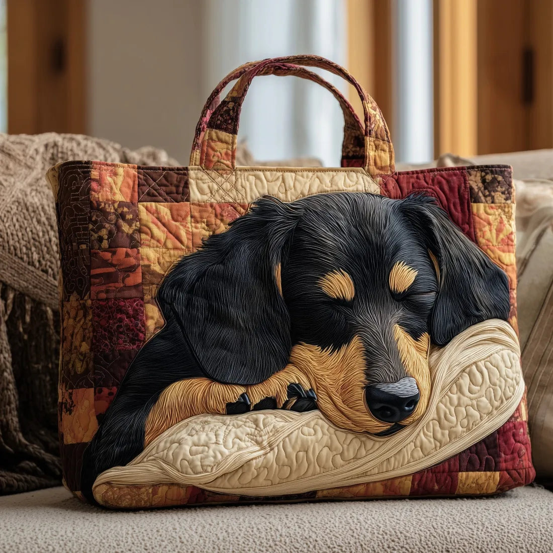 Sac artisanal patchwork matelassé avec applique teckel et anses