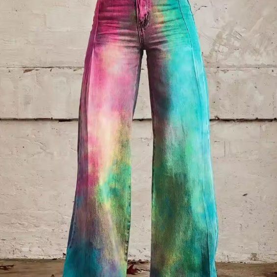 Pantalon bohème texturé à jambes larges, dégradé rose-vert-bleu, taille haute à bouton