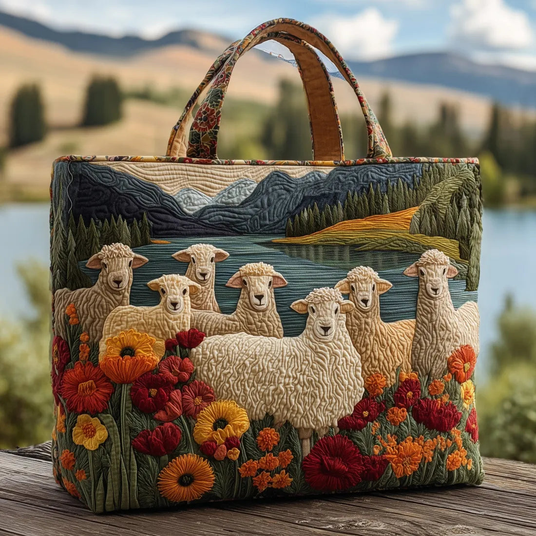 Sac cabas artisanal en tissu, poignées en cuir, motif de moutons, fleurs et paysage.