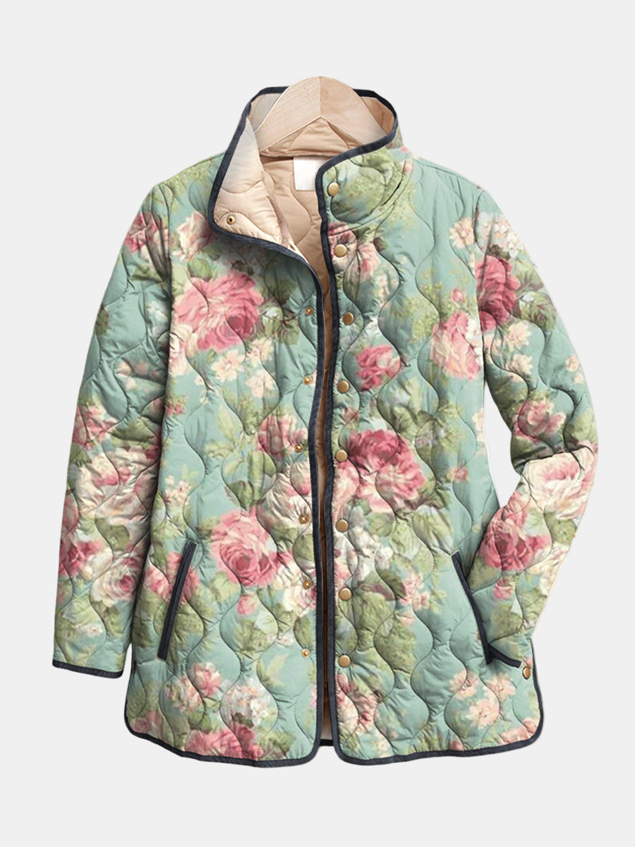 Veste matelassée à motif floral rétro bleu clair et roses, fermeture à boutons