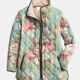Veste matelassée à motif floral rétro bleu clair et roses, fermeture à boutons
