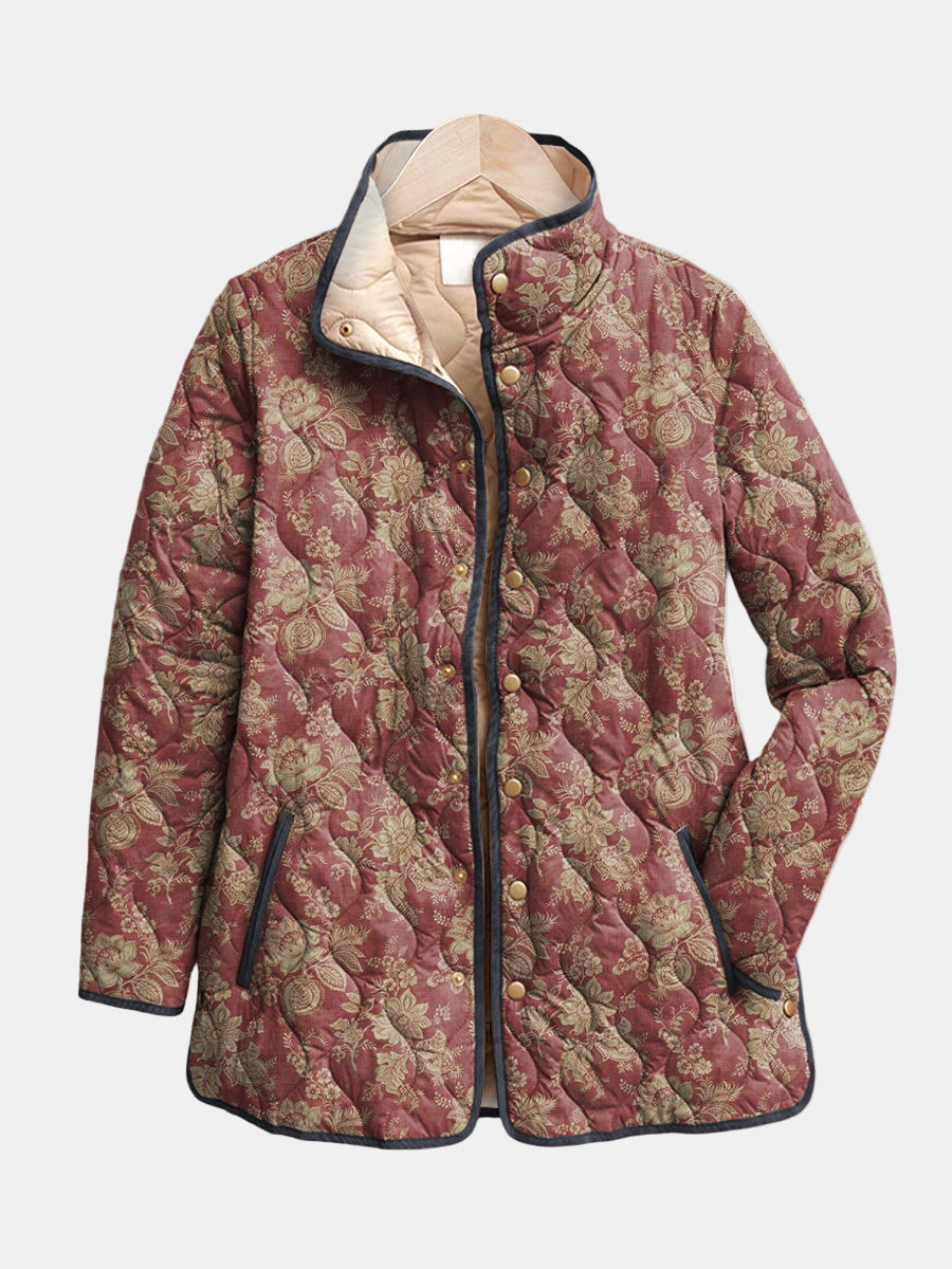 Veste matelassée imprimé floral rétro bordeaux, col montant, fermeture à boutons