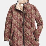 Veste matelassée imprimé floral rétro bordeaux, col montant, fermeture à boutons