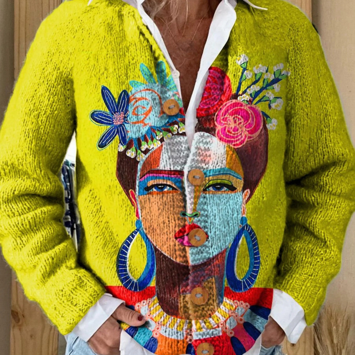 Cardigan en laine jaune moutarde imprimé portrait Frida, col blanc à volants