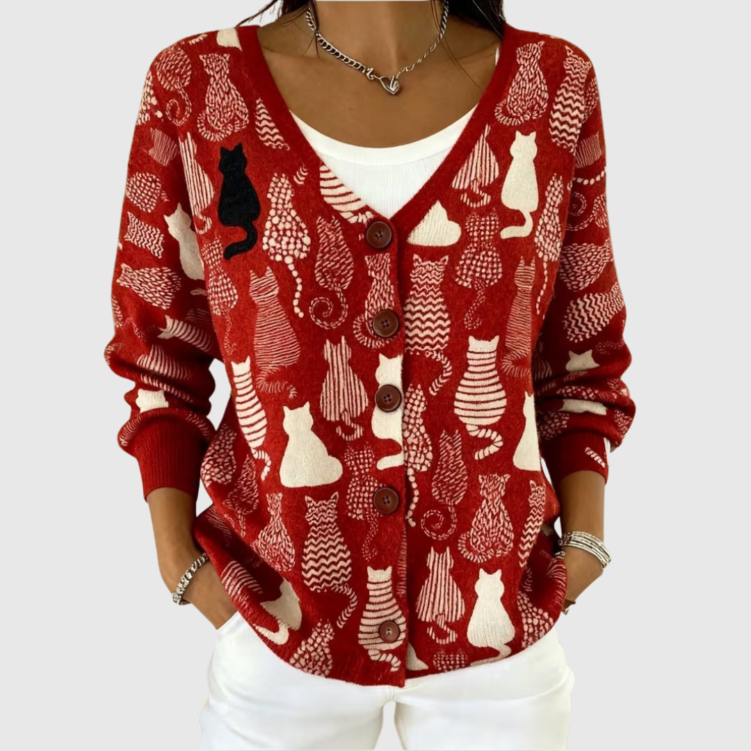 Cardigan en tricot rouge foncé à motifs chats, boutonnage et col en V