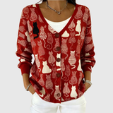 Cardigan en tricot rouge foncé à motifs chats, boutonnage et col en V