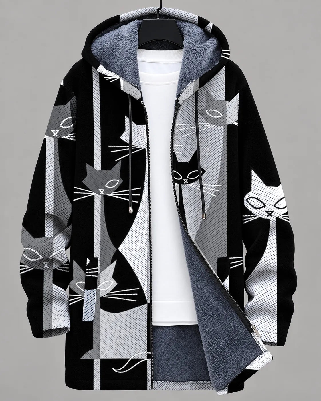 Veste à capuche noire à motifs félins monochromes, doublure intérieure grise