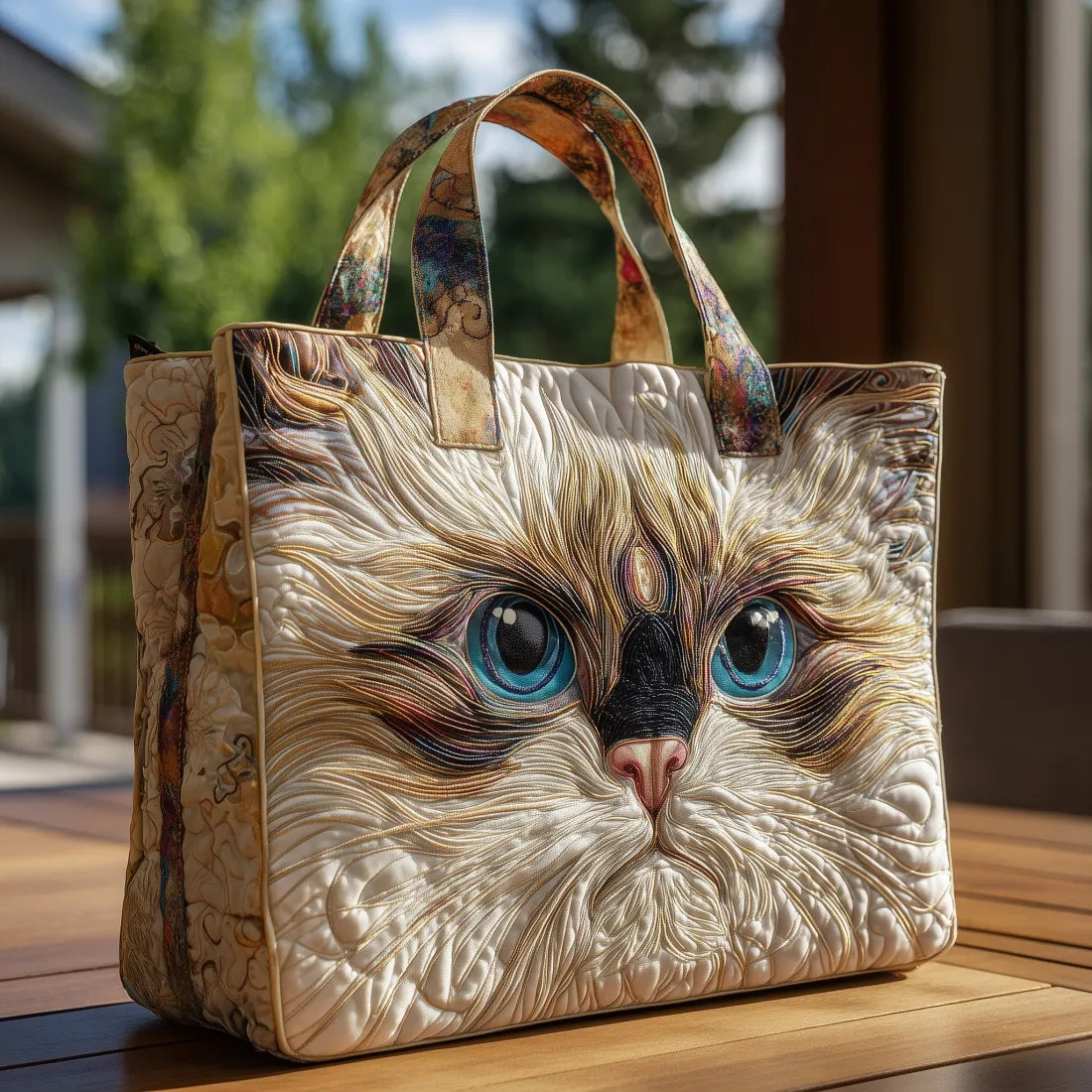 Sac artisanal crème motif tête de chat yeux bleus, anses façon cuir