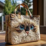 Sac artisanal crème motif tête de chat yeux bleus, anses façon cuir