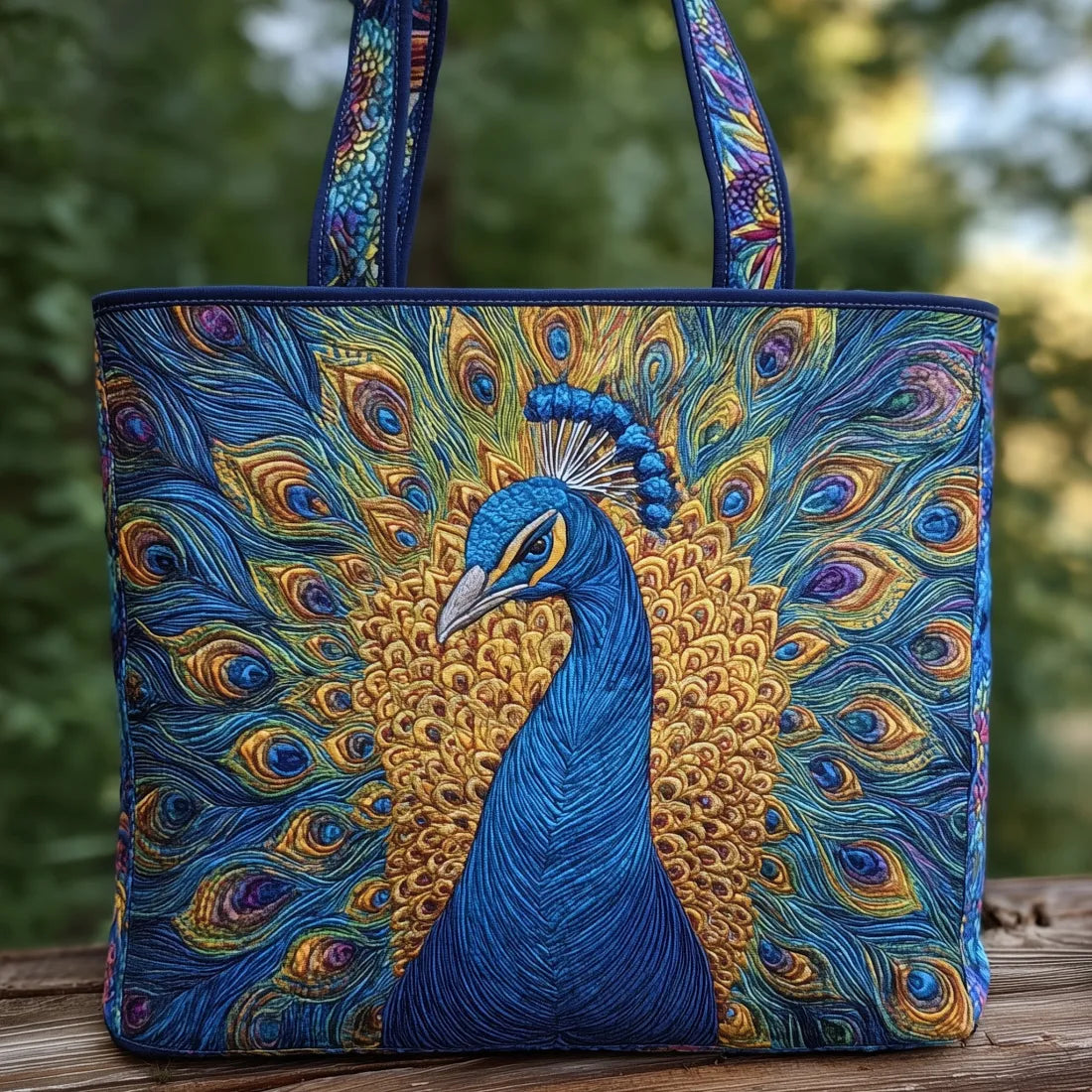 Sac artisanal avec motif paon royal, plumes bleu et doré, anses longues.