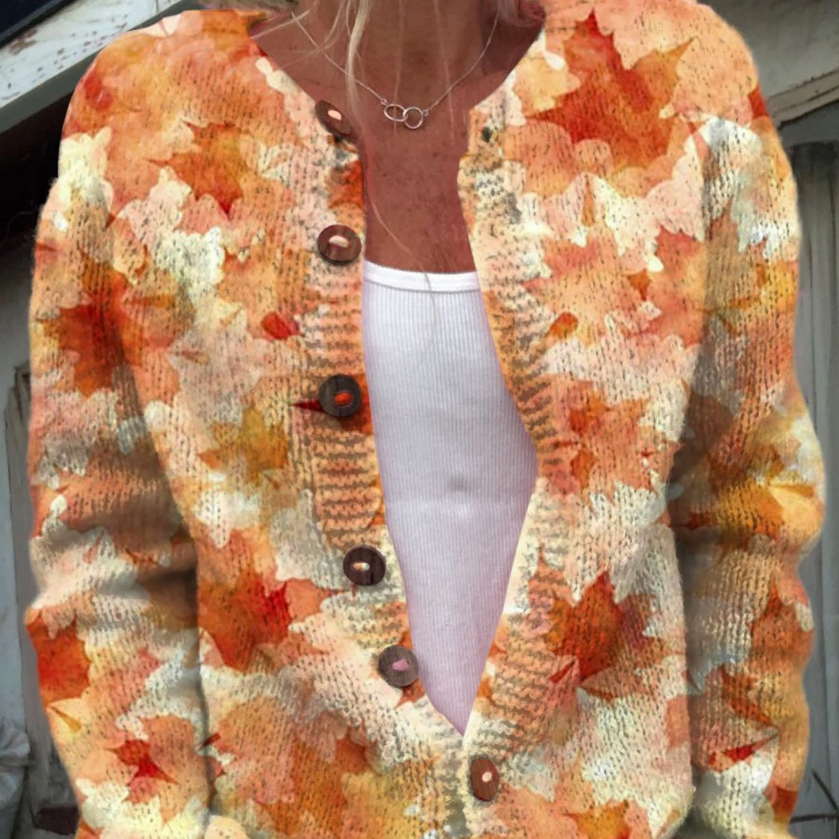 Cardigan tricoté multicolore à motifs de feuilles d’érable, col en V, boutons
