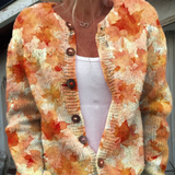 Cardigan tricoté multicolore à motifs de feuilles d’érable, col en V, boutons