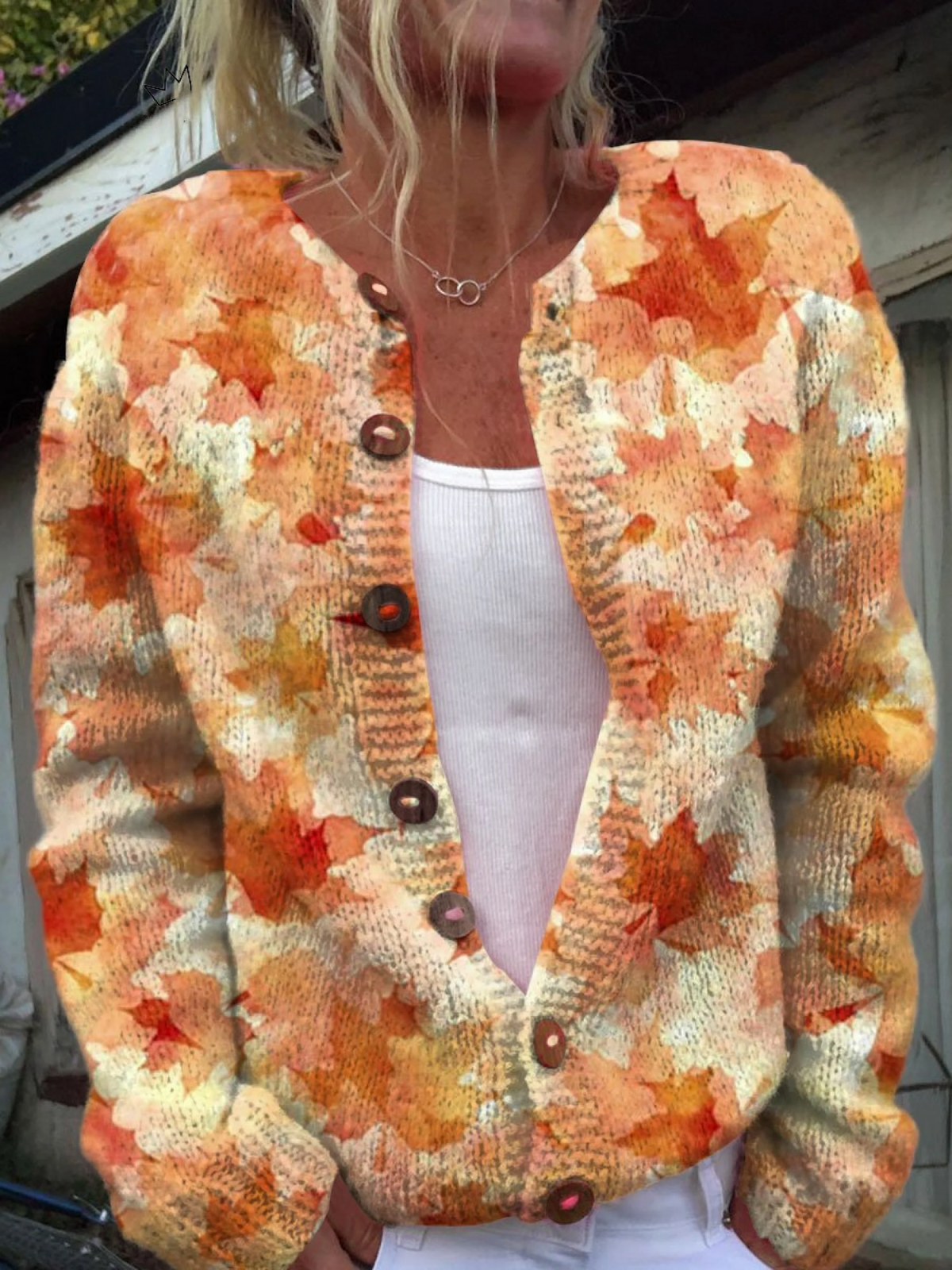 Cardigan tricoté multicolore à motifs de feuilles d’érable, col en V, boutons