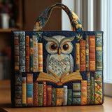 Sac en tissu patchwork, hibou et livres anciens colorés, anses avec motif