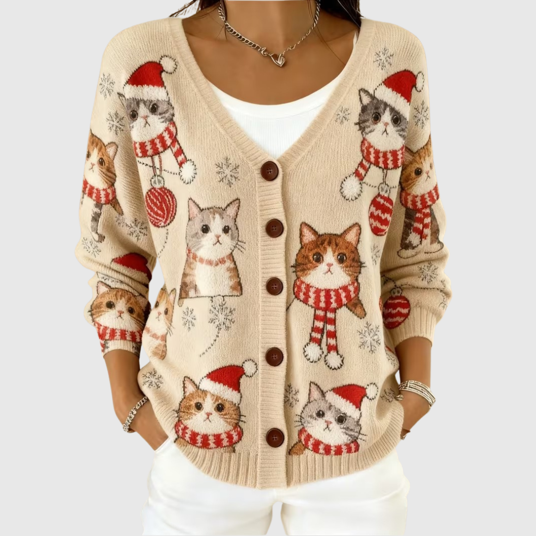 Gilet cardigan en tricot beige crème à boutons, encolure V, motifs animaux festifs.