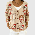 Gilet cardigan en tricot beige crème à boutons, encolure V, motifs animaux festifs.