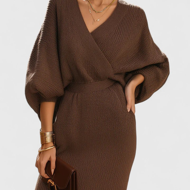 Robe en maille marron à encolure croisée en V, manches bouffantes, mi-cuisse