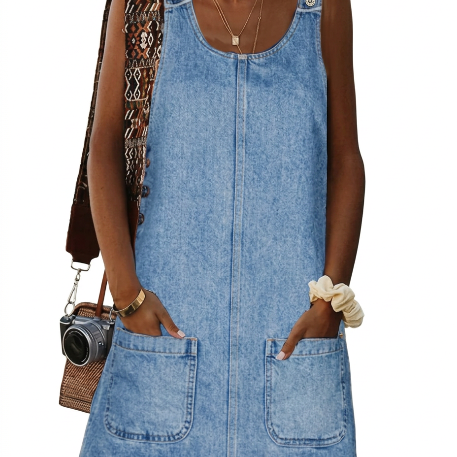 Robe décontractée en denim bleu clair, empiècements boutonnés, deux poches poitrine et côtés