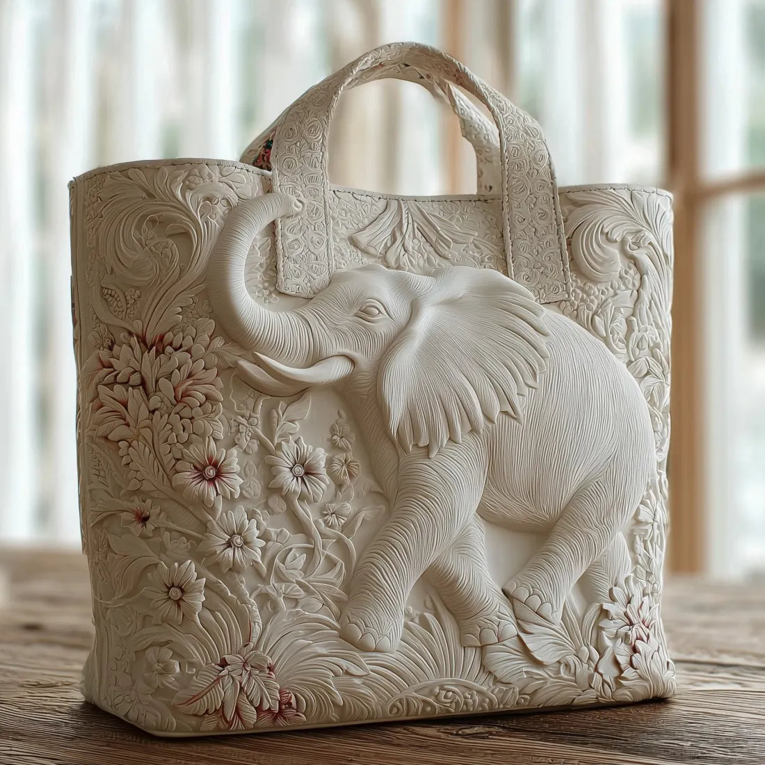 Sac artisanal crème, éléphant en relief sculpté, grandes anses