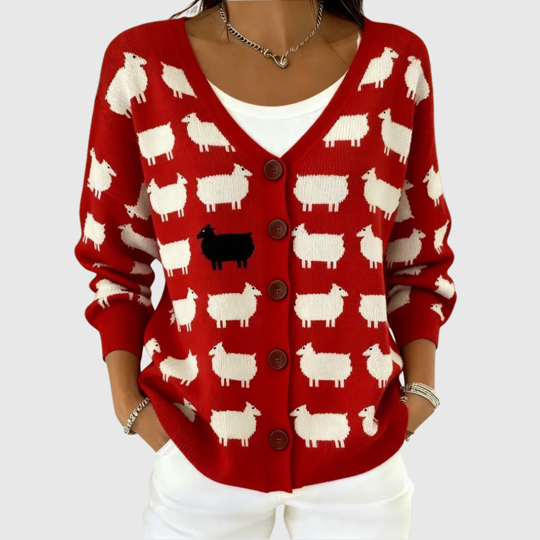 Cardigan en tricot rouge à boutons, motifs de moutons blancs