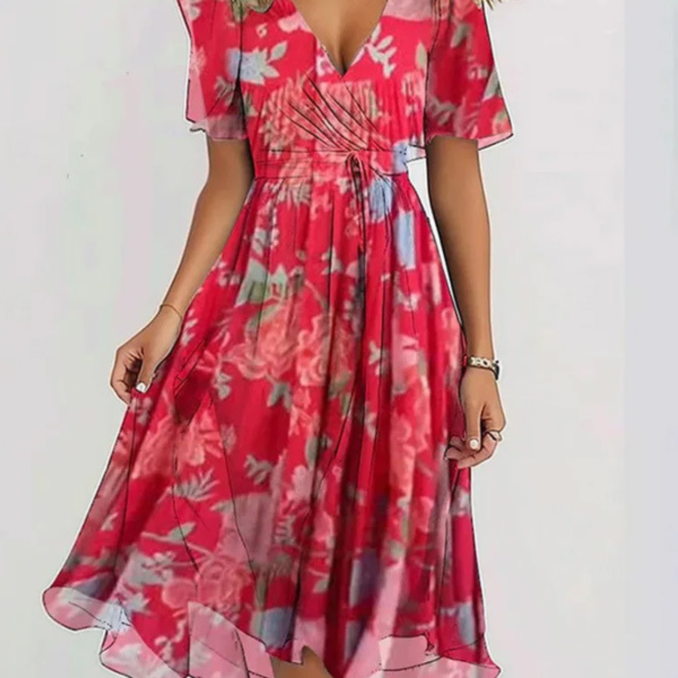 Robe d’été à couverture de ventre, voile rouge à fleurs, encolure cache-cœur, manches courtes