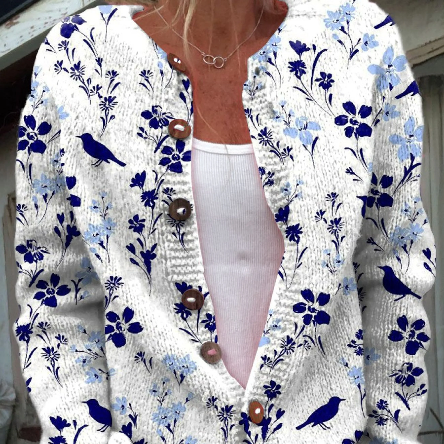 Cardigan tricoté à fleurs vintage bleu et blanc, col V, manches longues, boutons