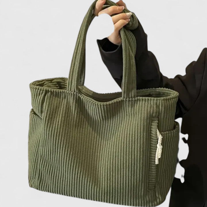 Sac tote Zélie velours côtelé vert olive, anses et cordon de fermeture, finitions contrastées