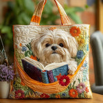 Sac en tissu matelassé beige, anses orange, applique Shih Tzu lisant des livres et fleurs