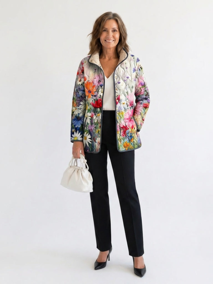 Veste matelassée multicolore à imprimé floral vintage, fermeture boutonnée, capuche.