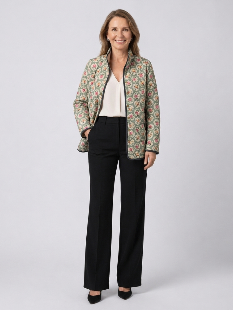 Veste matelassée multicolore à imprimé floral vintage, fermeture zippée et poches