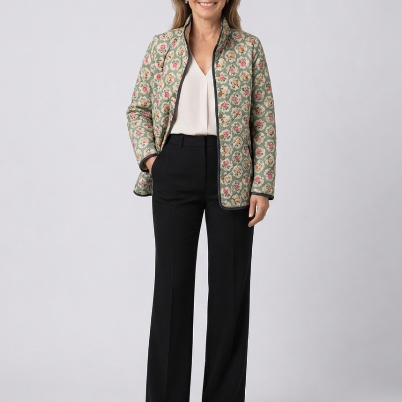 Veste matelassée multicolore à imprimé floral vintage, fermeture zippée et poches