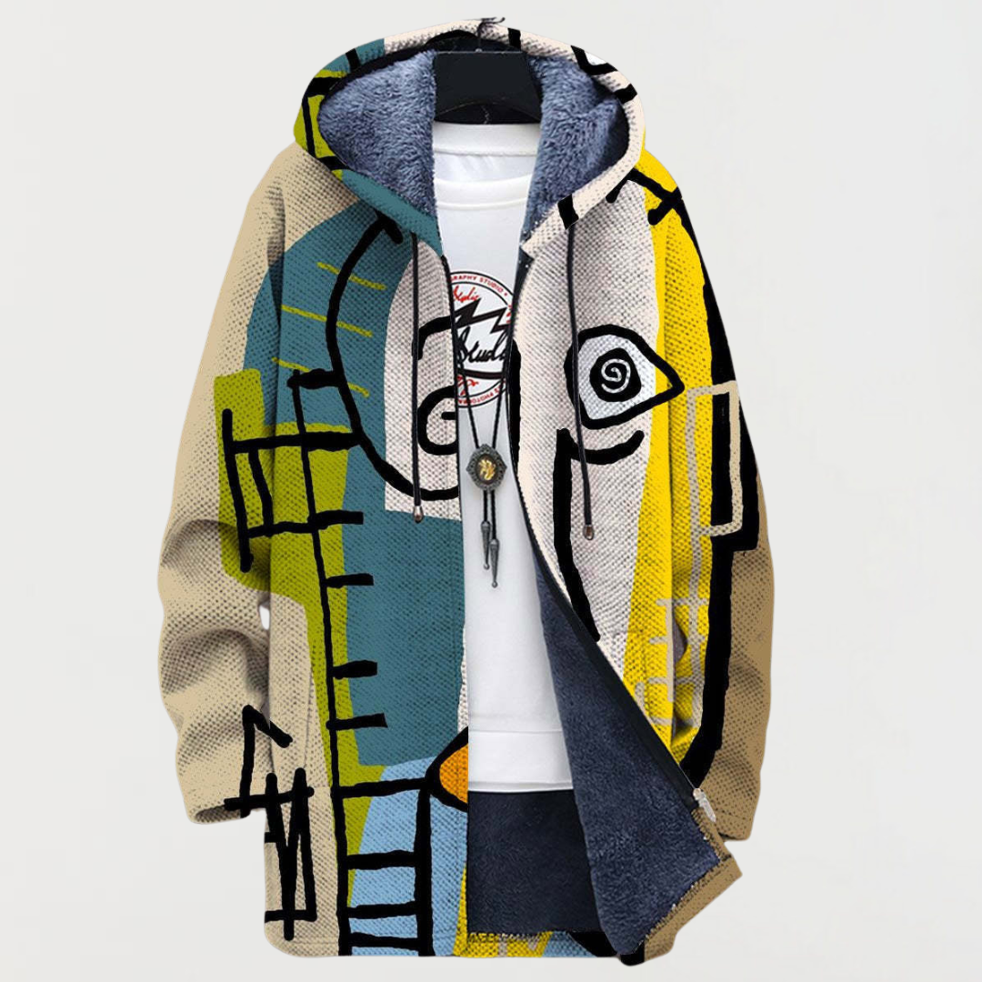 Veste à capuche zippée, motif abstrait bleu et jaune sur fond clair, coupe droite