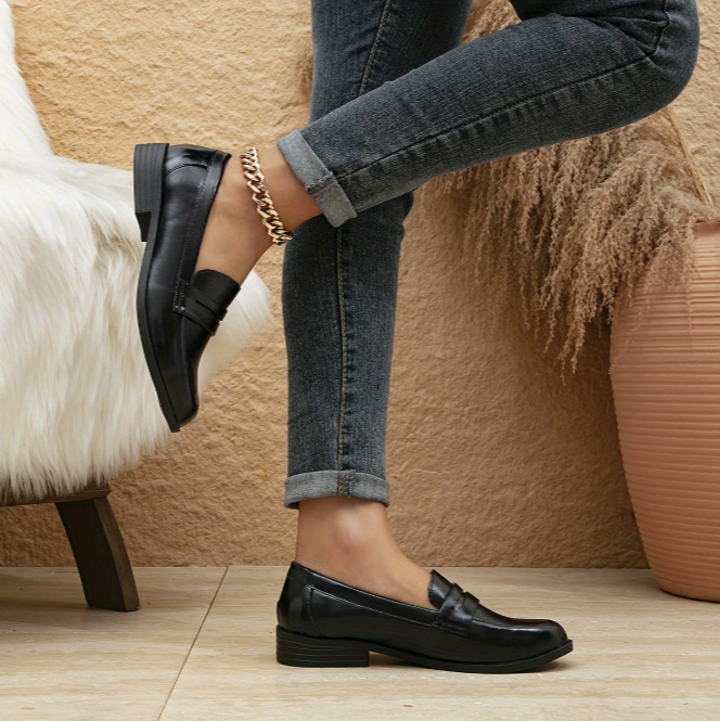 Mocassins noirs à bride, dessus lisse et semelle à talon bloc