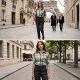 Chemise à manches longues à carreaux vert clair, col et patte de boutons