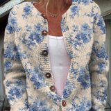 Cardigan boutonné beige à imprimé floral bleu, boutons marron, encolure ronde