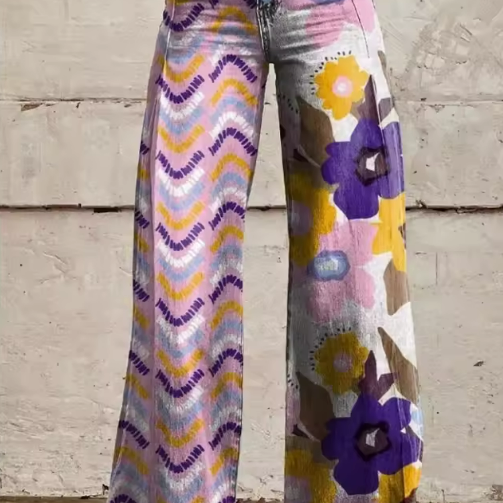 Pantalon vintage fluide Florence à jambes évasées, motifs ondulés et fleurs colorées