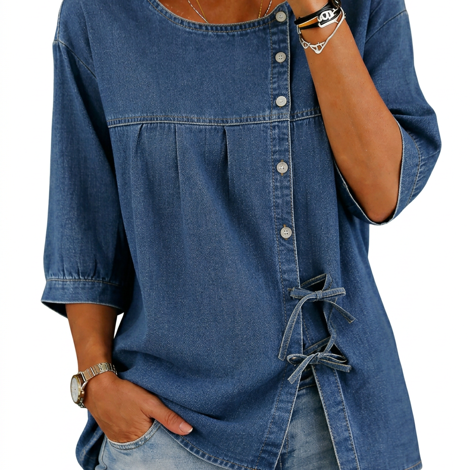 Blouse ample en denim bleu vintage, encolure ronde, boutonnée devant, manches trois-quarts