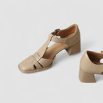 Salomés beige à talon bottier, bride avant et latérale, semelle texturée