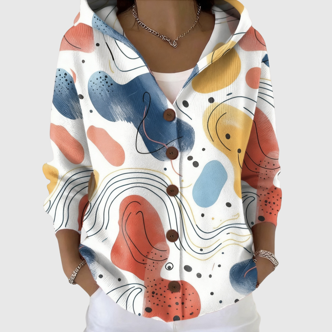 Gilet en tricot à capuche, motif abstrait multicolore, fermeture boutonnée